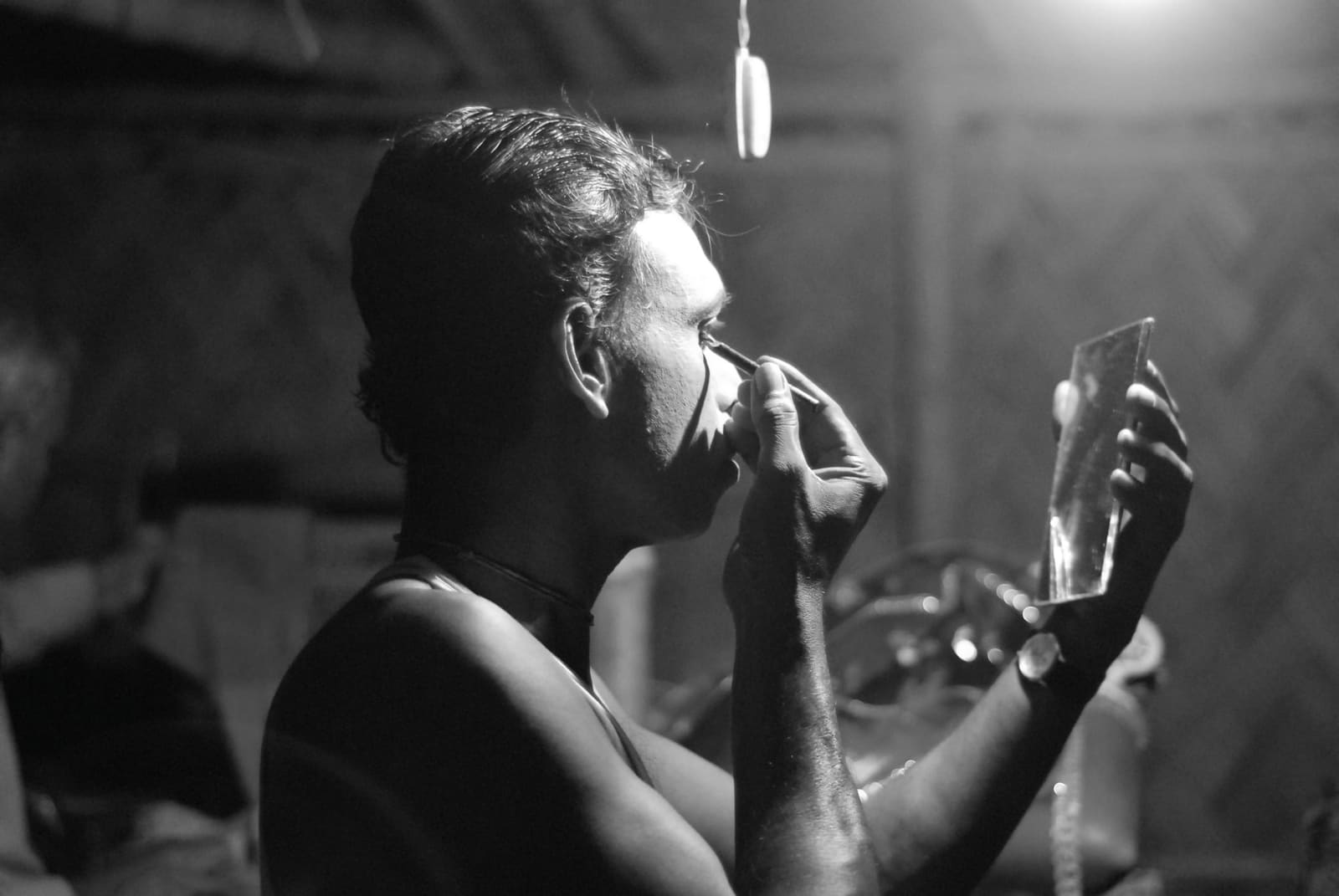 Jatra Pala. A jatra actor prepares before the performance, Sunderbans